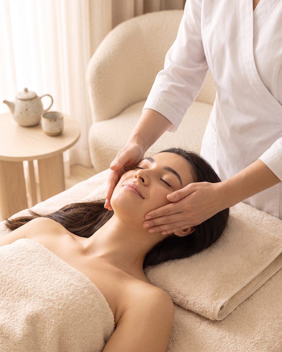 The therapist begins a gentle face massage while the client lies relaxed on the treatment bed
