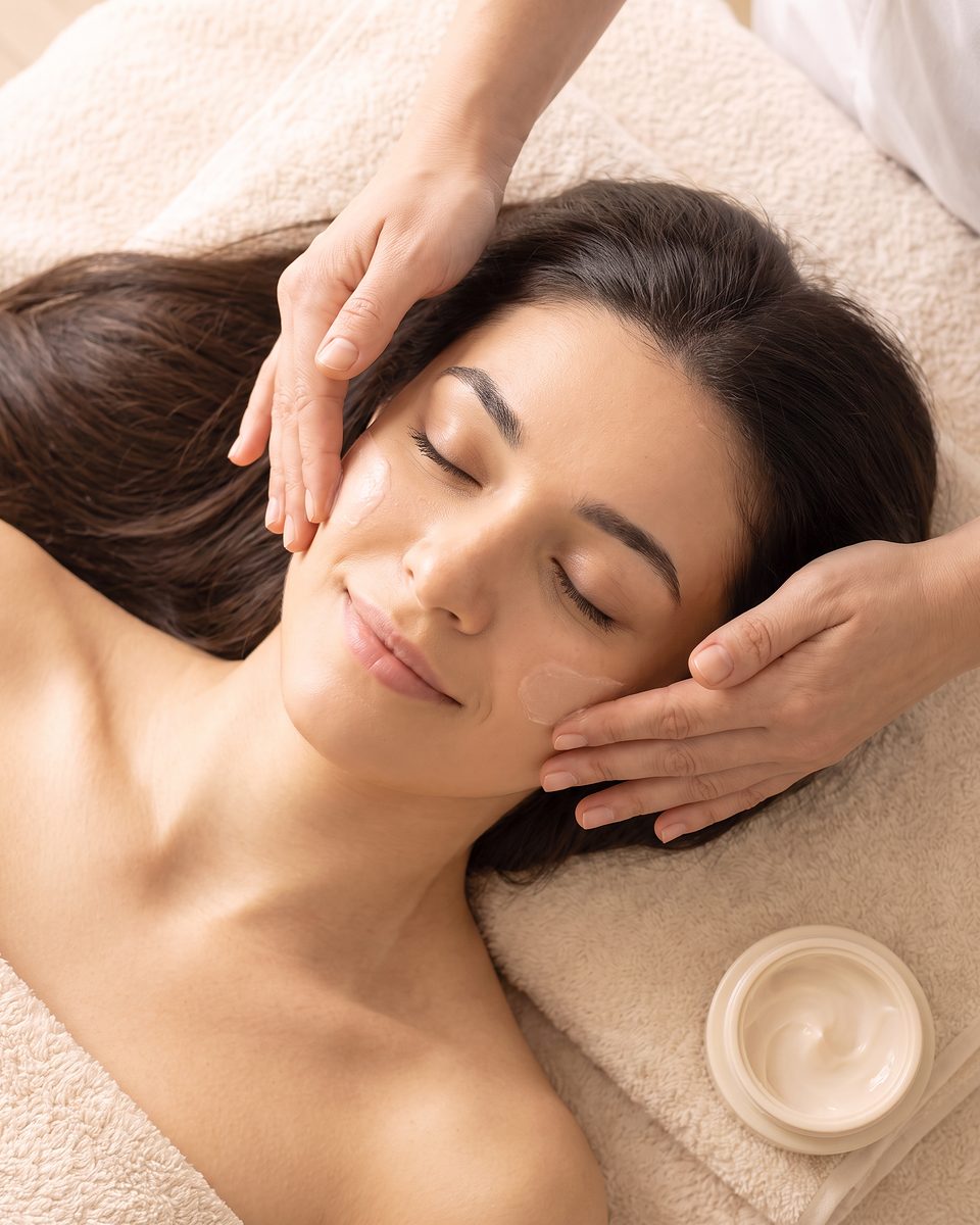 A light finishing cream is smoothed over the client's cheeks